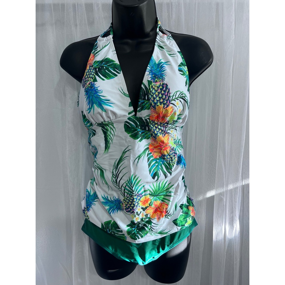 Tropical Pineapple Floral Halter Tankini Swimsuit Set‎ Green White Medium